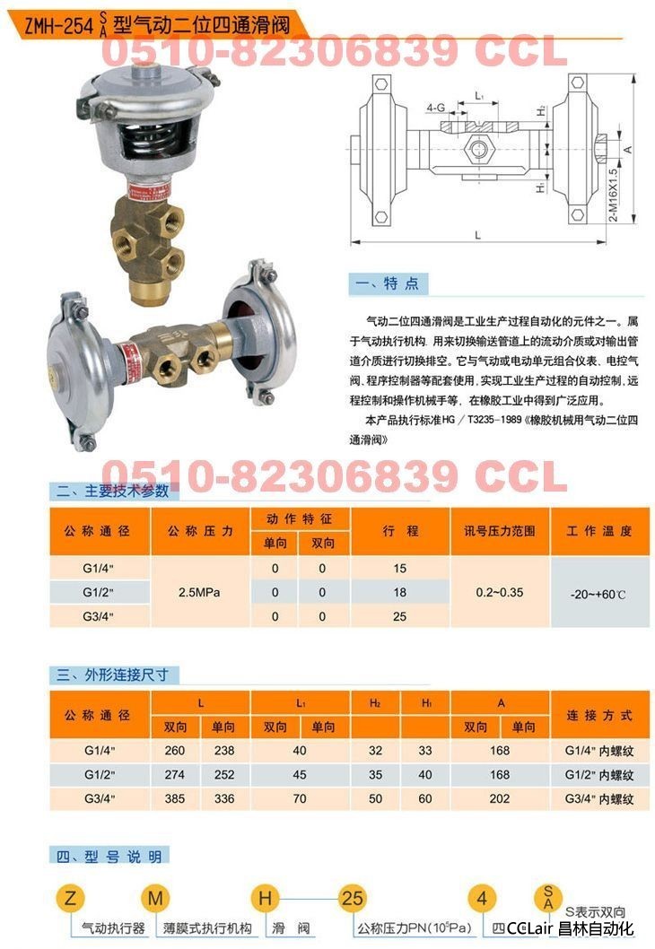 ZMH-254S   ZMH-254A   氣動二位四通滑閥  